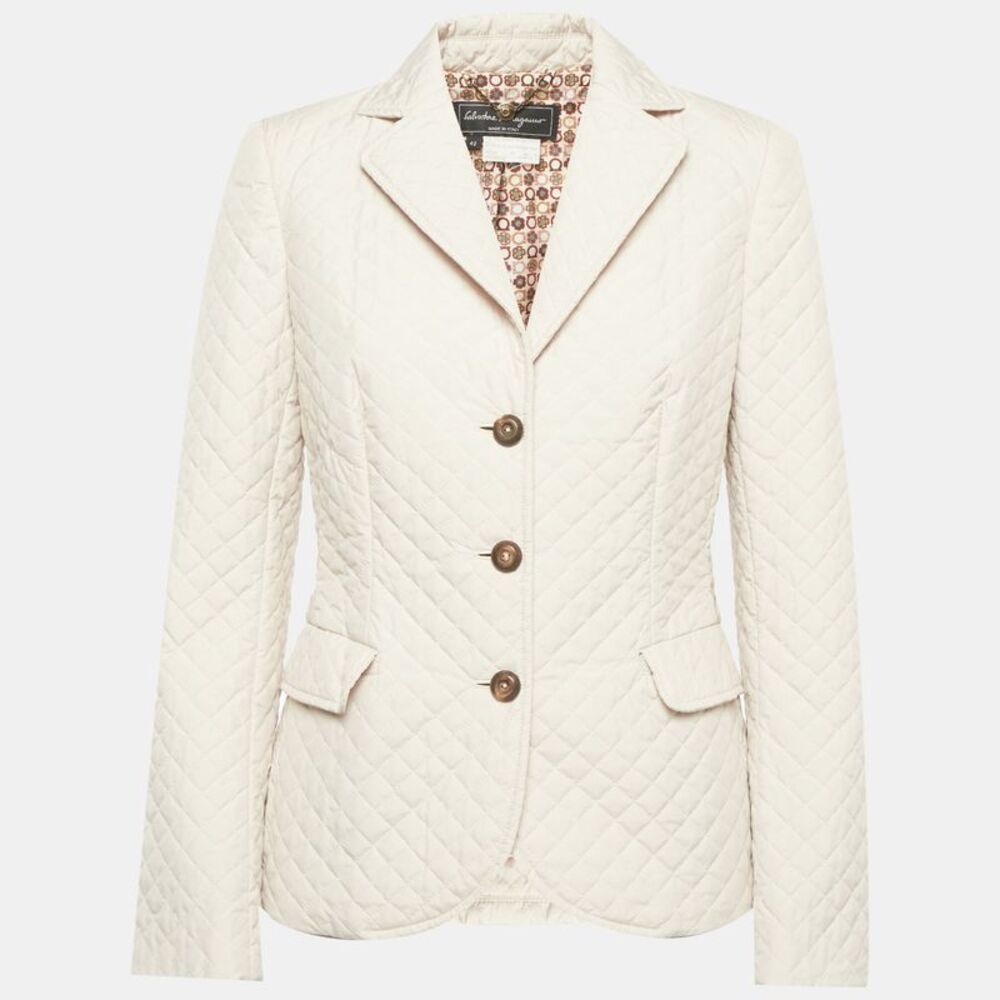 Salvatore Ferragamo Cream Synthetic Quilted Jacket M